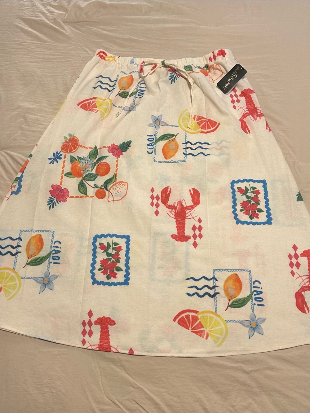 NWT MetroWear Linen Rayon Blend Coastal Lobster Citrus Print A-Line Skirt Large
